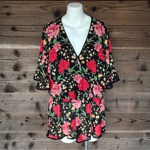 Flying Tomato Black Floral V-Neck Blouse with Red & Pink Flowers